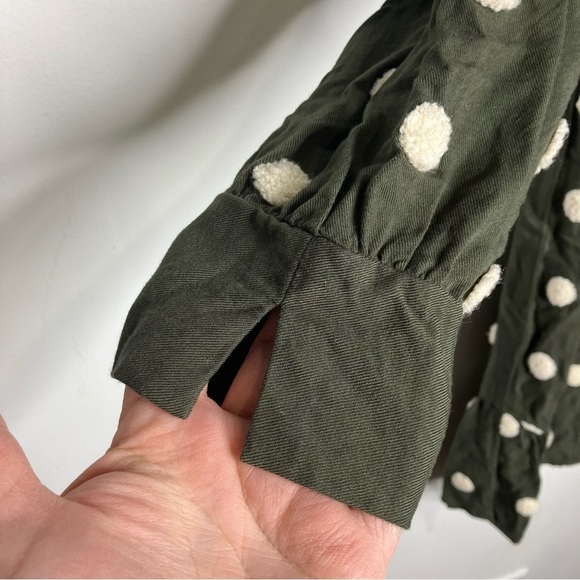 Zara v-neck mini dress olive green with textured polka dots size medium - Picture 3 of 10